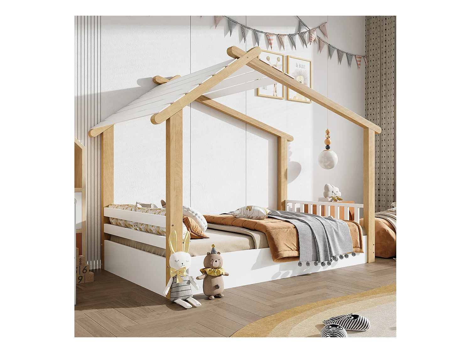 Lit cabane enfant 90x200 cm avec sommier à lattes en bois, blanc et naturel - sans matelas