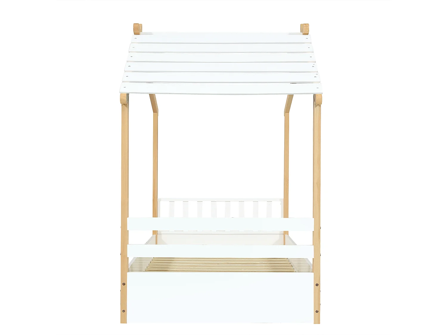 Lit cabane enfant 90x200 cm avec sommier à lattes en bois, blanc et naturel - sans matelas