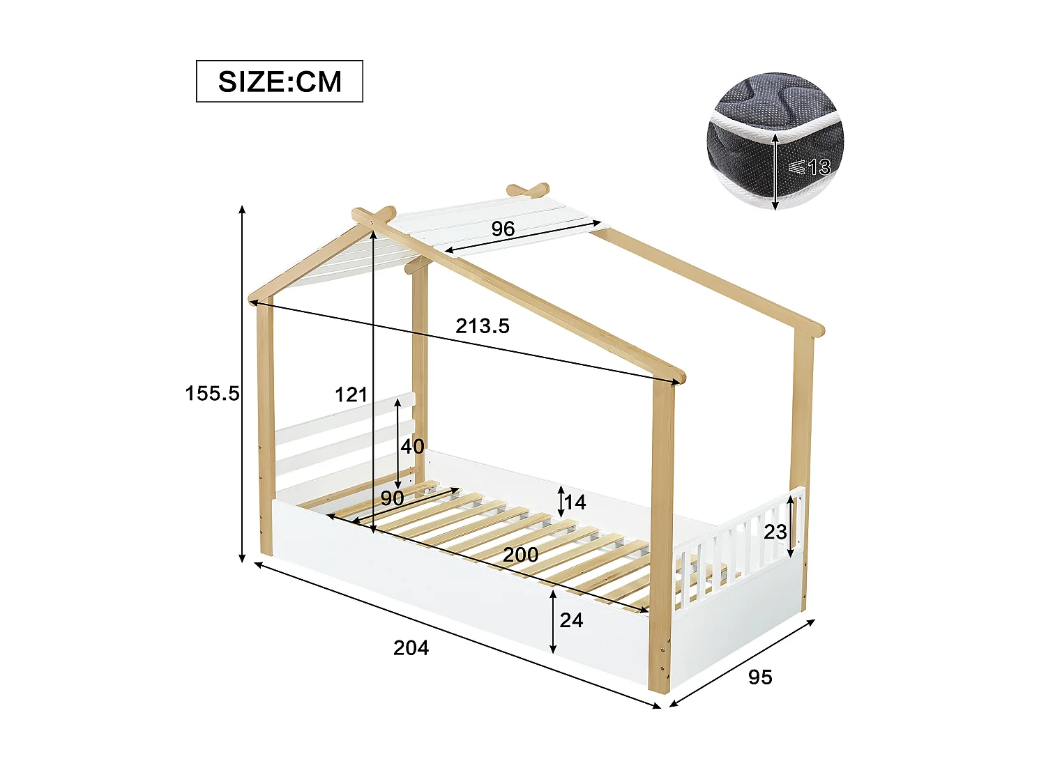 Lit cabane enfant 90x200 cm avec sommier à lattes en bois, blanc et naturel - sans matelas