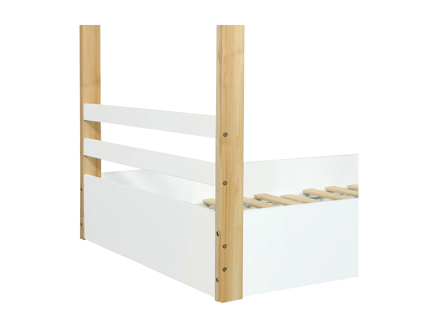 Lit cabane enfant 90x200 cm avec sommier à lattes en bois, blanc et naturel - sans matelas