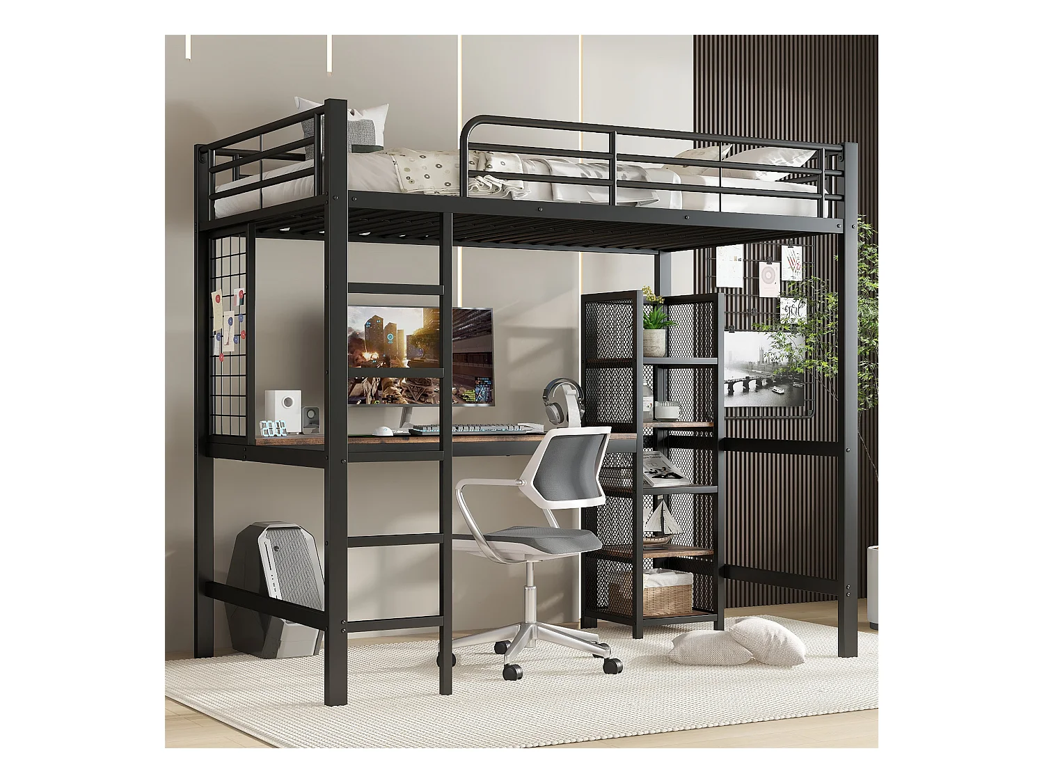 Hochbett Einzelbett 90x200 cm mit Schreibtisch und Ablagefach, schwarzes Metall - ohne Matratze