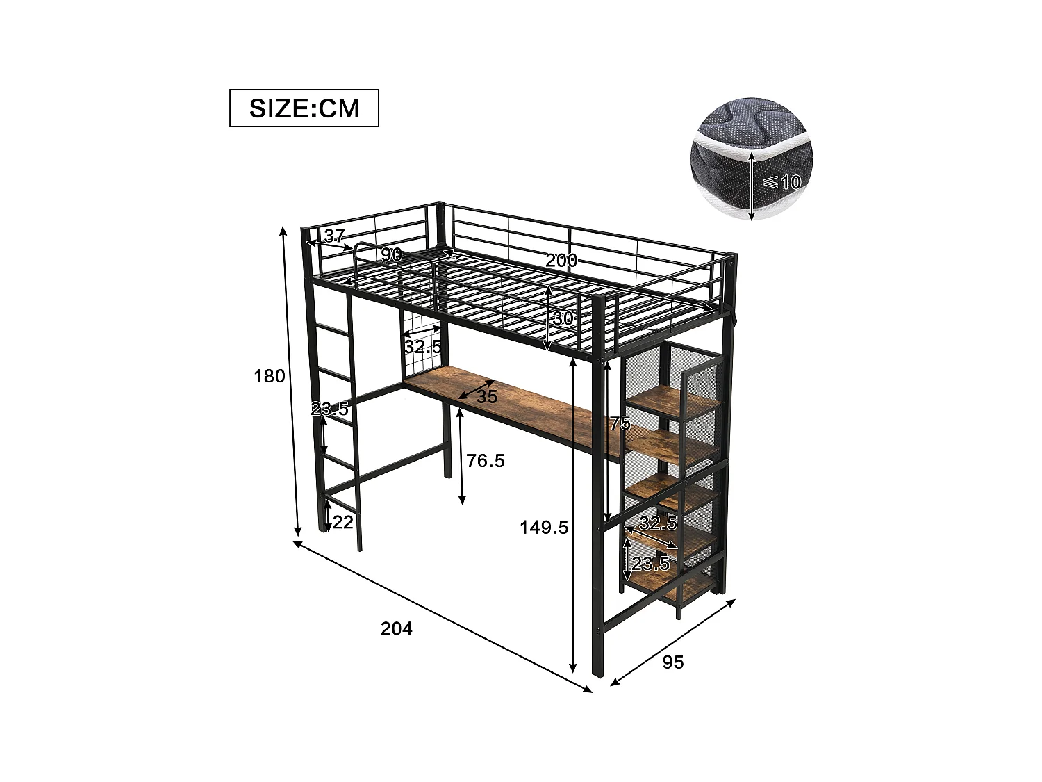 Hochbett Einzelbett 90x200 cm mit Schreibtisch und Ablagefach, schwarzes Metall - ohne Matratze