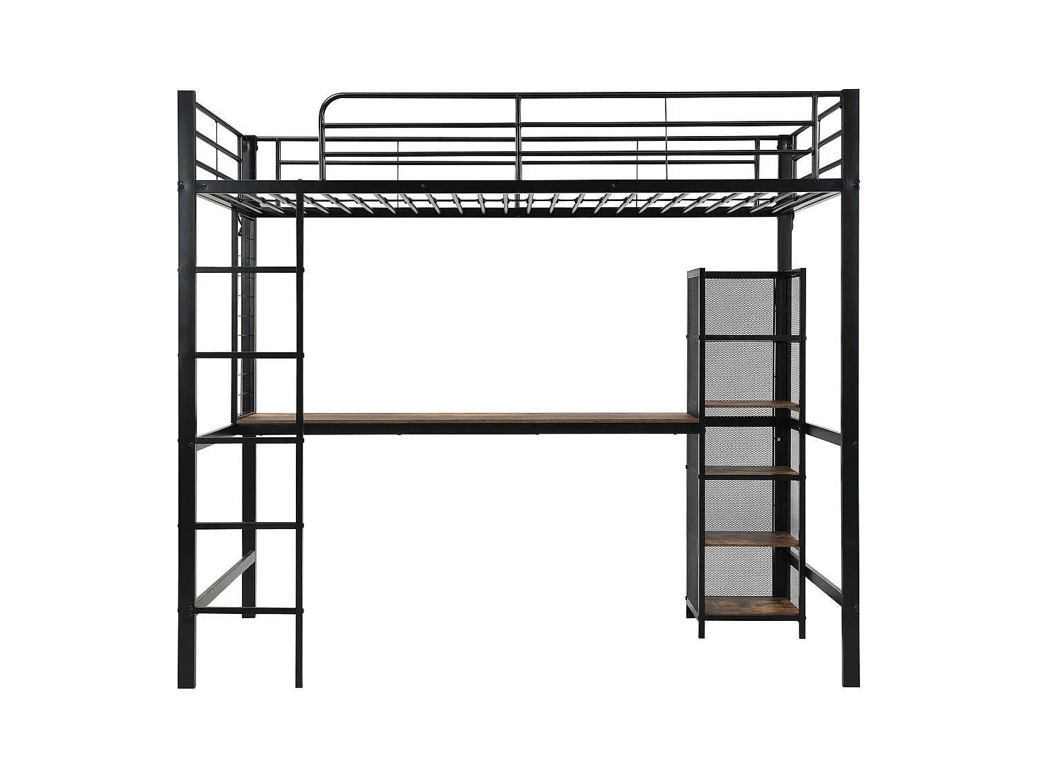 Hochbett Einzelbett 90x200 cm mit Schreibtisch und Ablagefach, schwarzes Metall - ohne Matratze