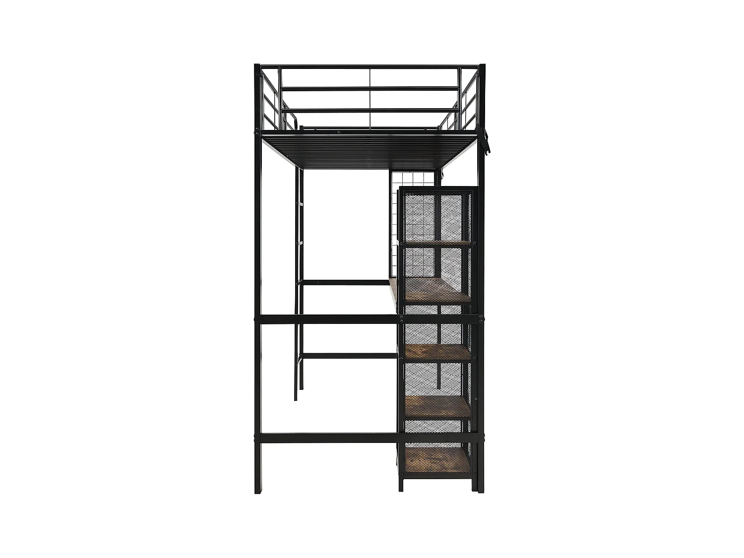 Hochbett Einzelbett 90x200 cm mit Schreibtisch und Ablagefach, schwarzes Metall - ohne Matratze