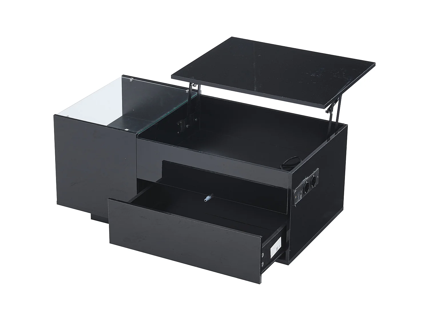 Table basse relevable Table basse noir avec éclairage LED et prise USB, 1 tiroir - pour salon