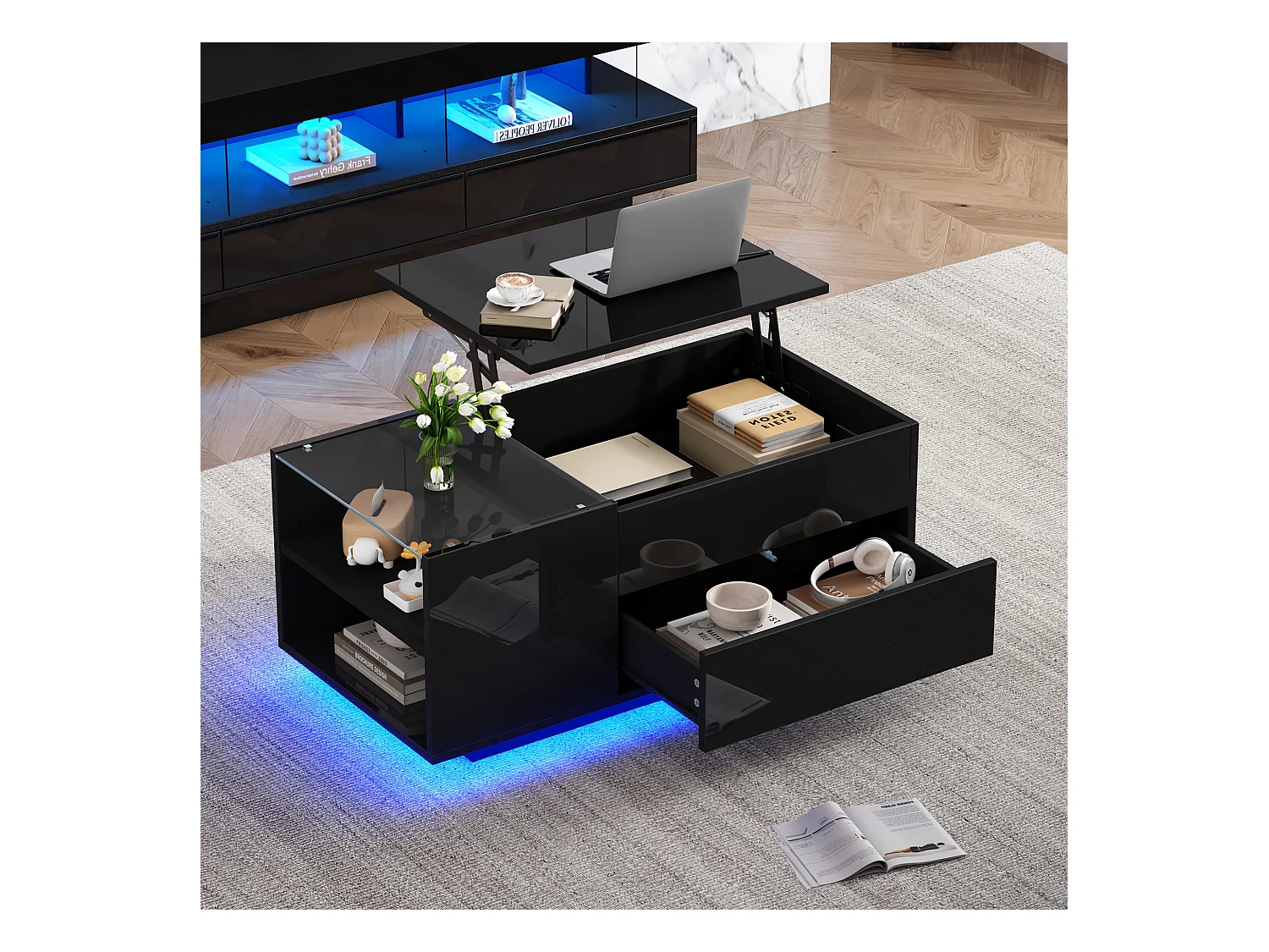 Table basse noire brillante avec éclairage LED et prise USB, 1 tiroir - pour salon