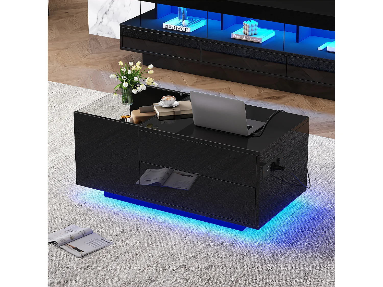 Table basse relevable Table basse noir avec éclairage LED et prise USB, 1 tiroir - pour salon