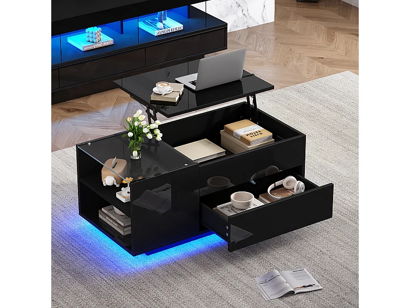 Tavolino nero lucido con illuminazione LED e porta USB, 1 cassetto - Per soggiorno