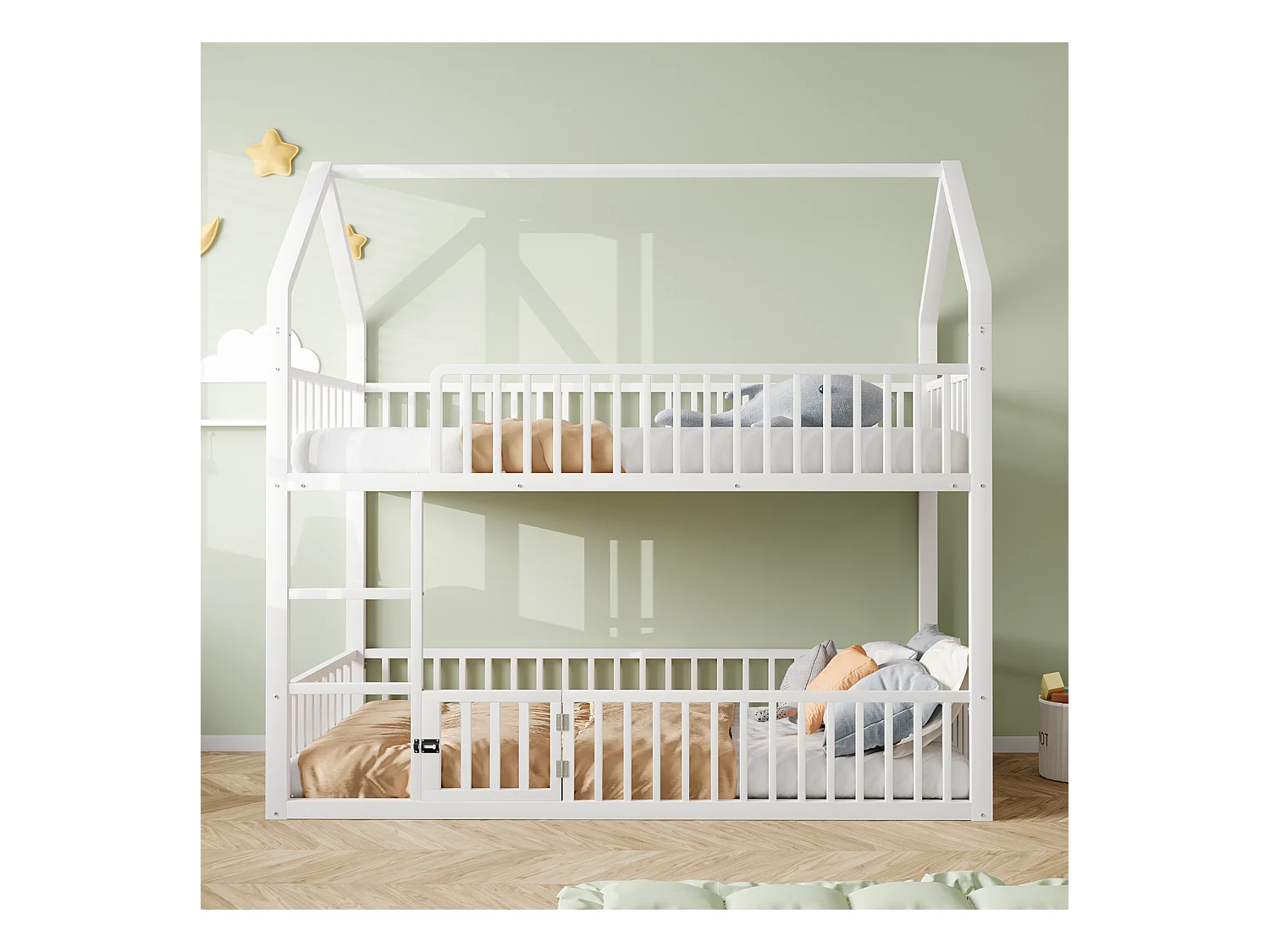 Lit superposé enfant 90x200 cm avec escalier et barrières de sécurité, blanc - sans matelas