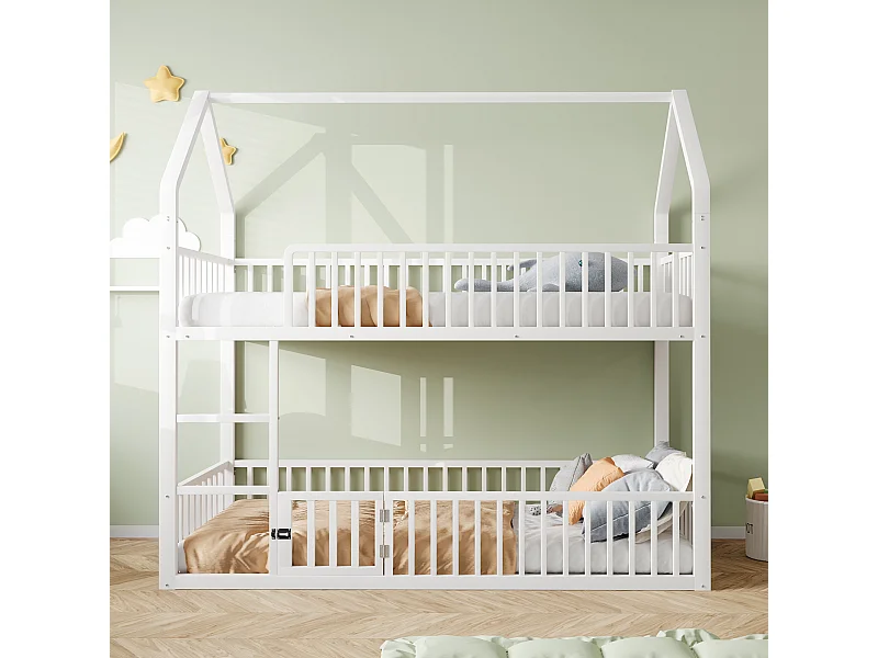 Lit superposé enfant 90x200 cm avec escalier et barrières de sécurité, blanc - sans matelas