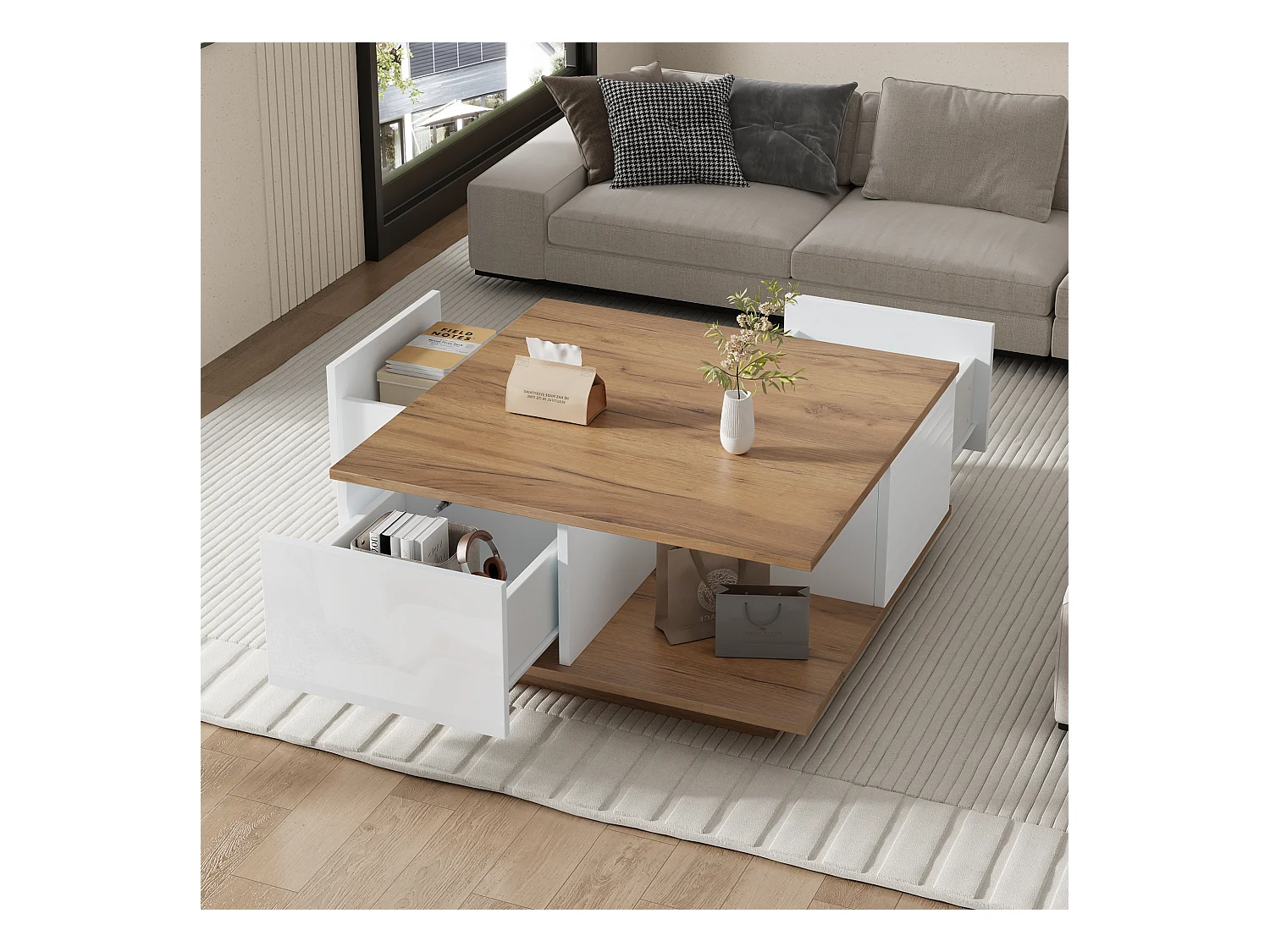 Table basse carrée blanche avec 3 tiroirs de rangement et plateau en grain de bois - pour salon
