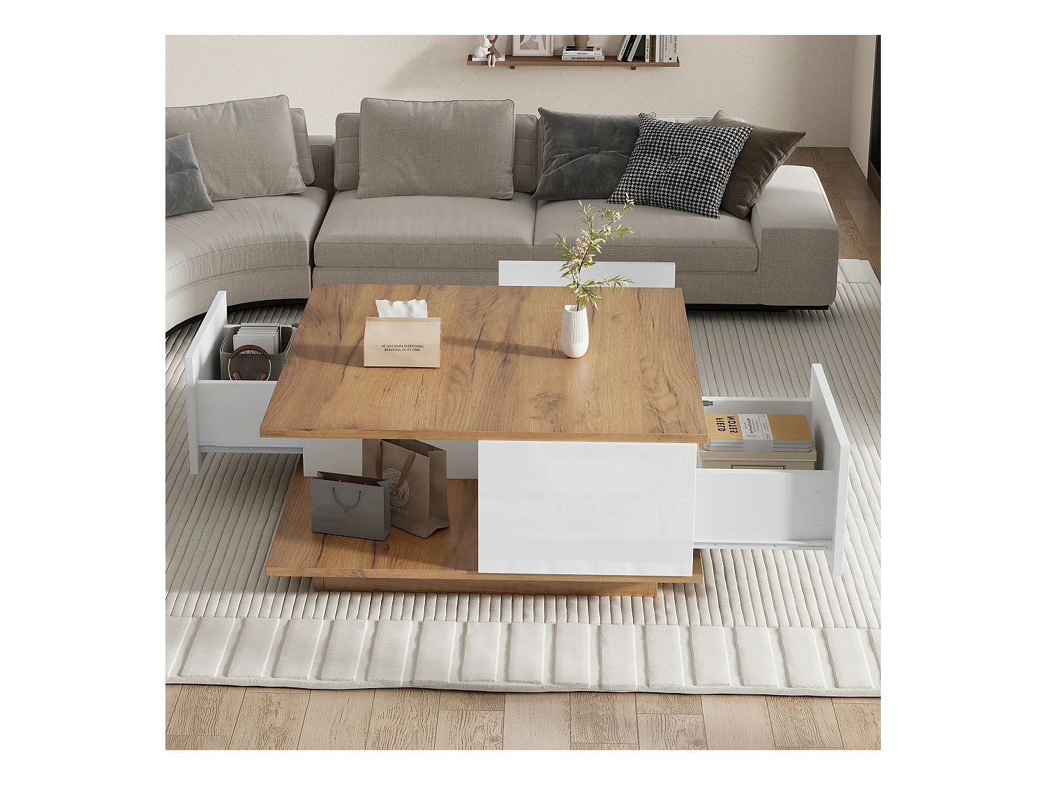 Table basse carrée blanche avec 3 tiroirs de rangement et plateau en grain de bois - pour salon