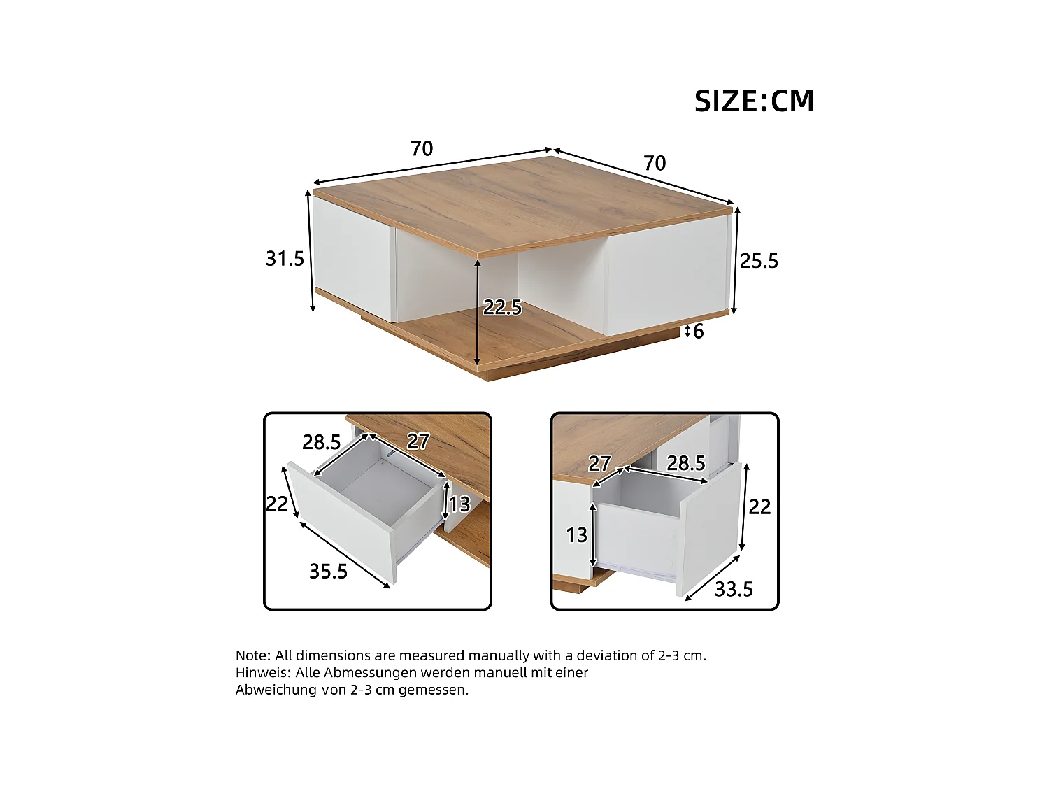 Table basse carrée blanche avec 3 tiroirs de rangement et plateau en grain de bois - pour salon