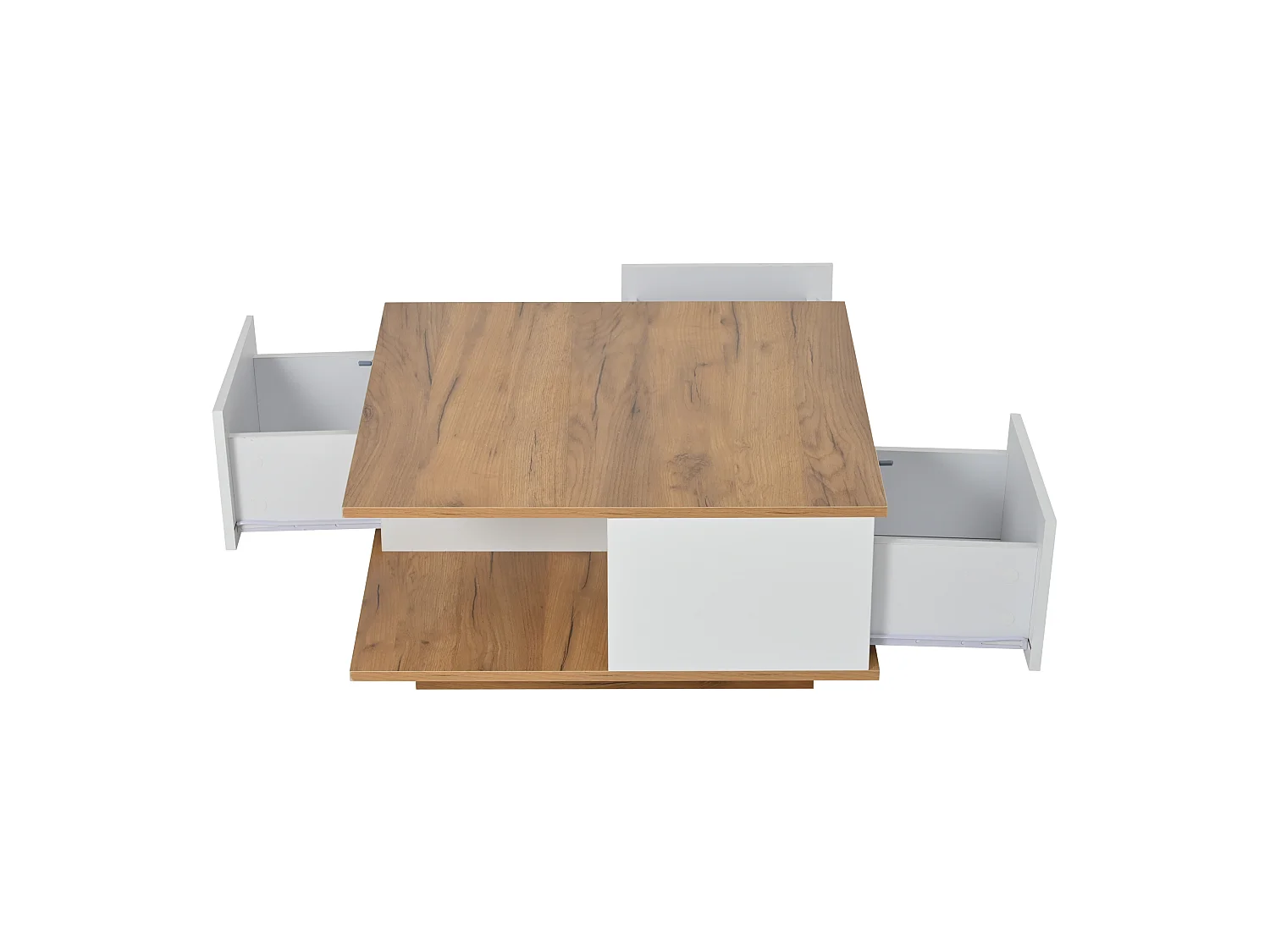 Table basse carrée blanche avec 3 tiroirs de rangement et plateau en grain de bois - pour salon