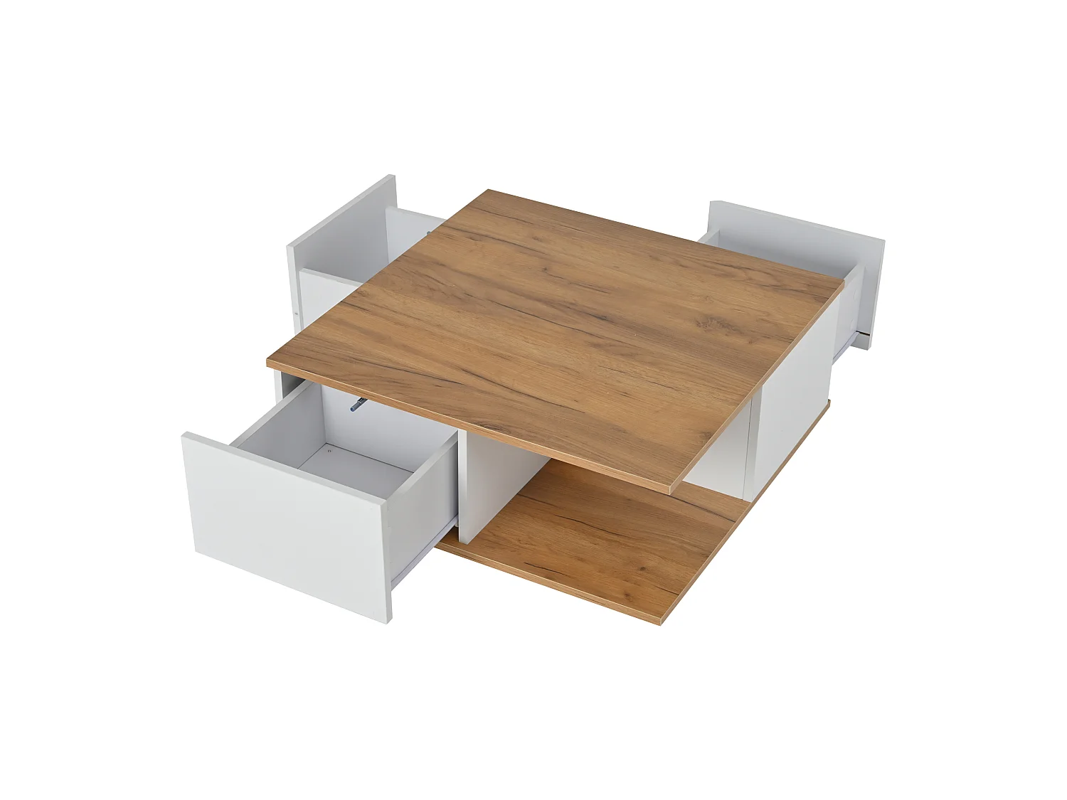Table basse carrée blanche avec 3 tiroirs de rangement et plateau en grain de bois - pour salon