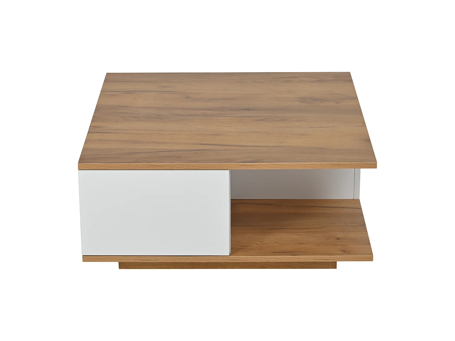 Table basse carrée blanche avec 3 tiroirs de rangement et plateau en grain de bois - pour salon