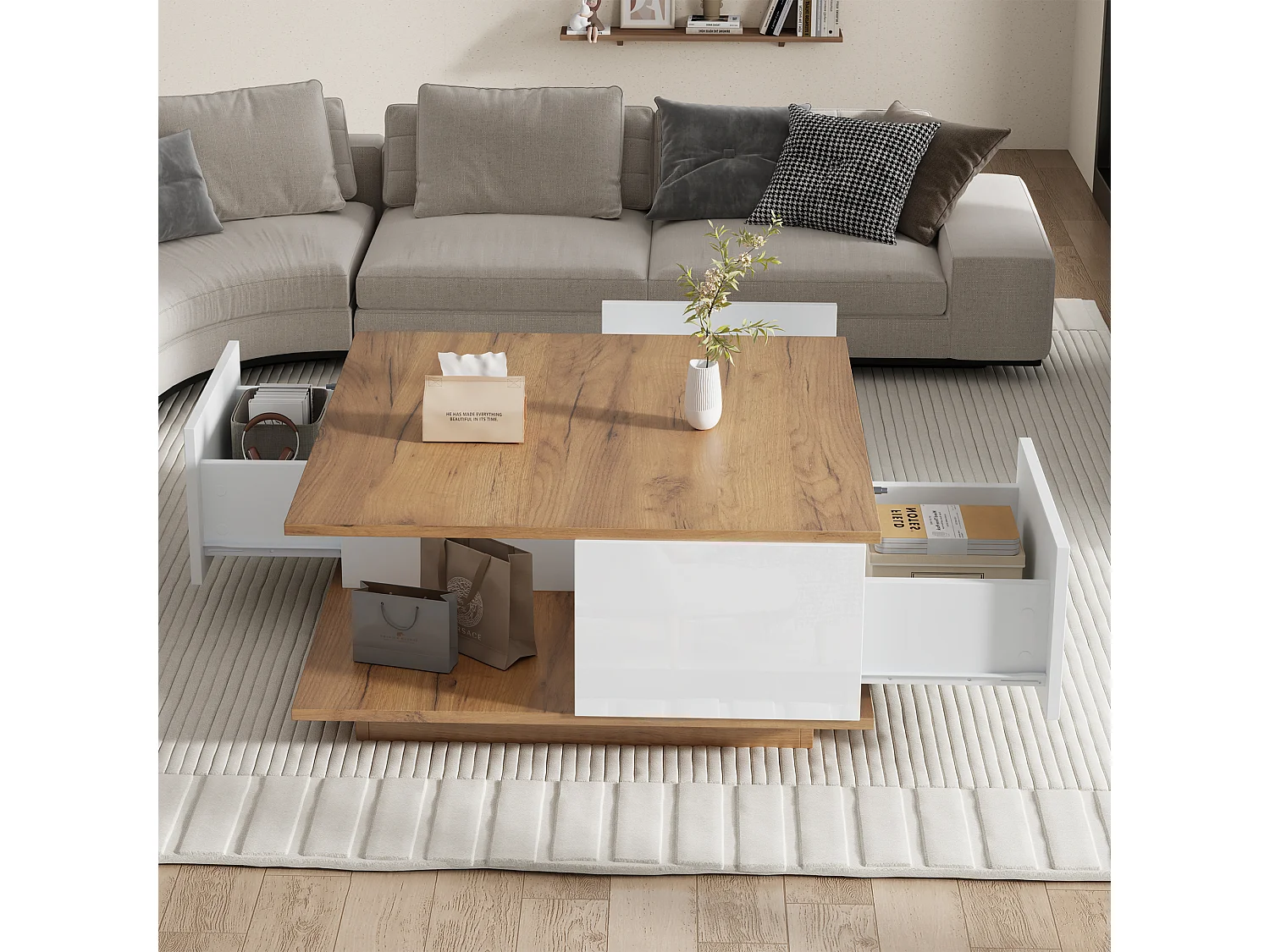 Weißer quadratischer Couchtisch mit 3 Schubladen und Holzmaserung-Platte – Für Wohnzimmer