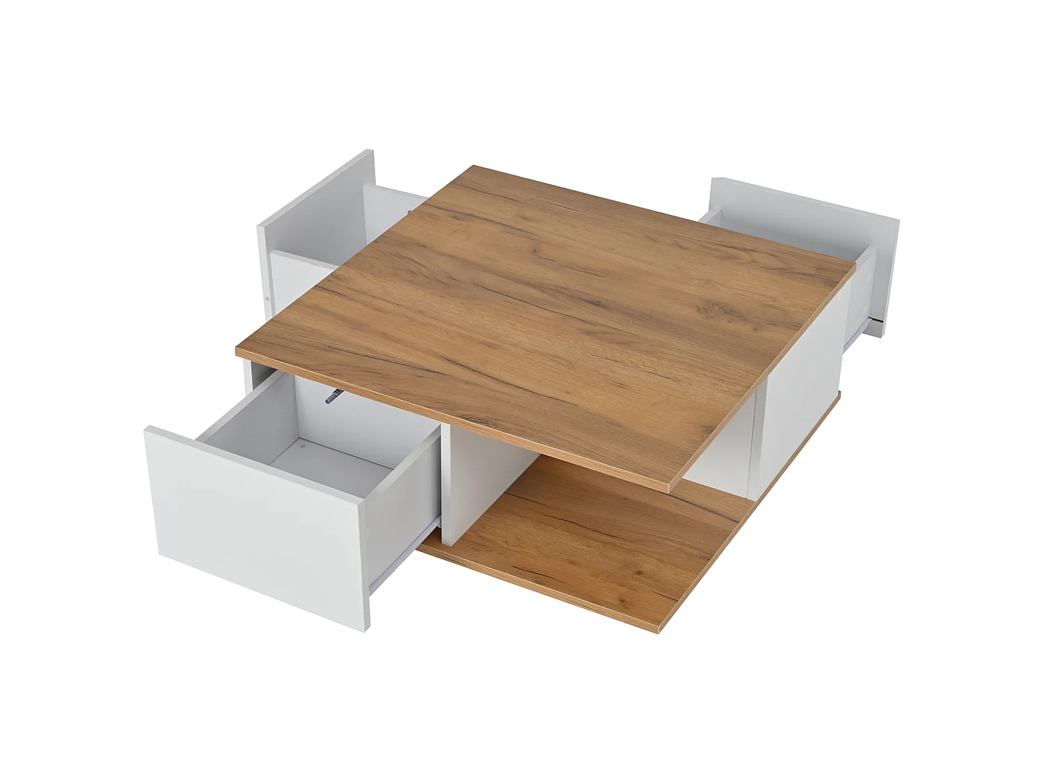 Weißer quadratischer Couchtisch mit 3 Schubladen und Holzmaserung-Platte – Für Wohnzimmer