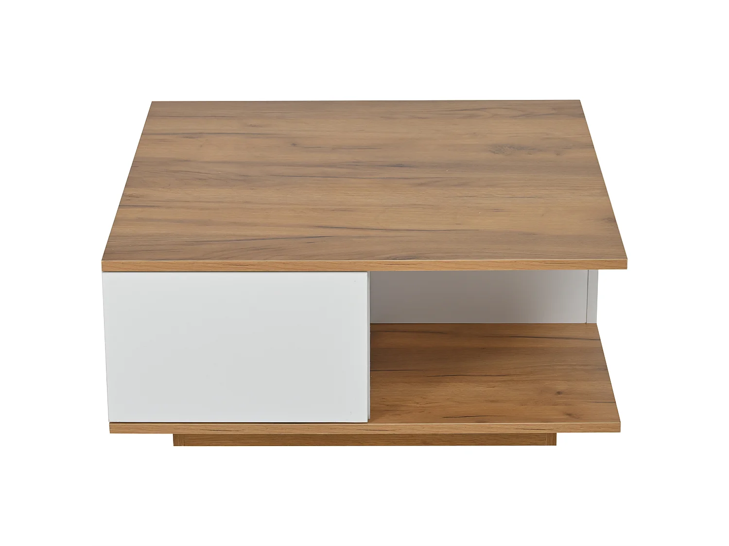 Weißer quadratischer Couchtisch mit 3 Schubladen und Holzmaserung-Platte – Für Wohnzimmer