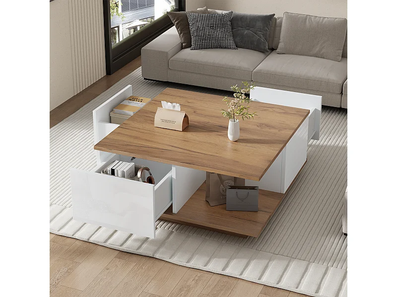 Weißer quadratischer Couchtisch mit 3 Schubladen und Holzmaserung-Platte – Für Wohnzimmer