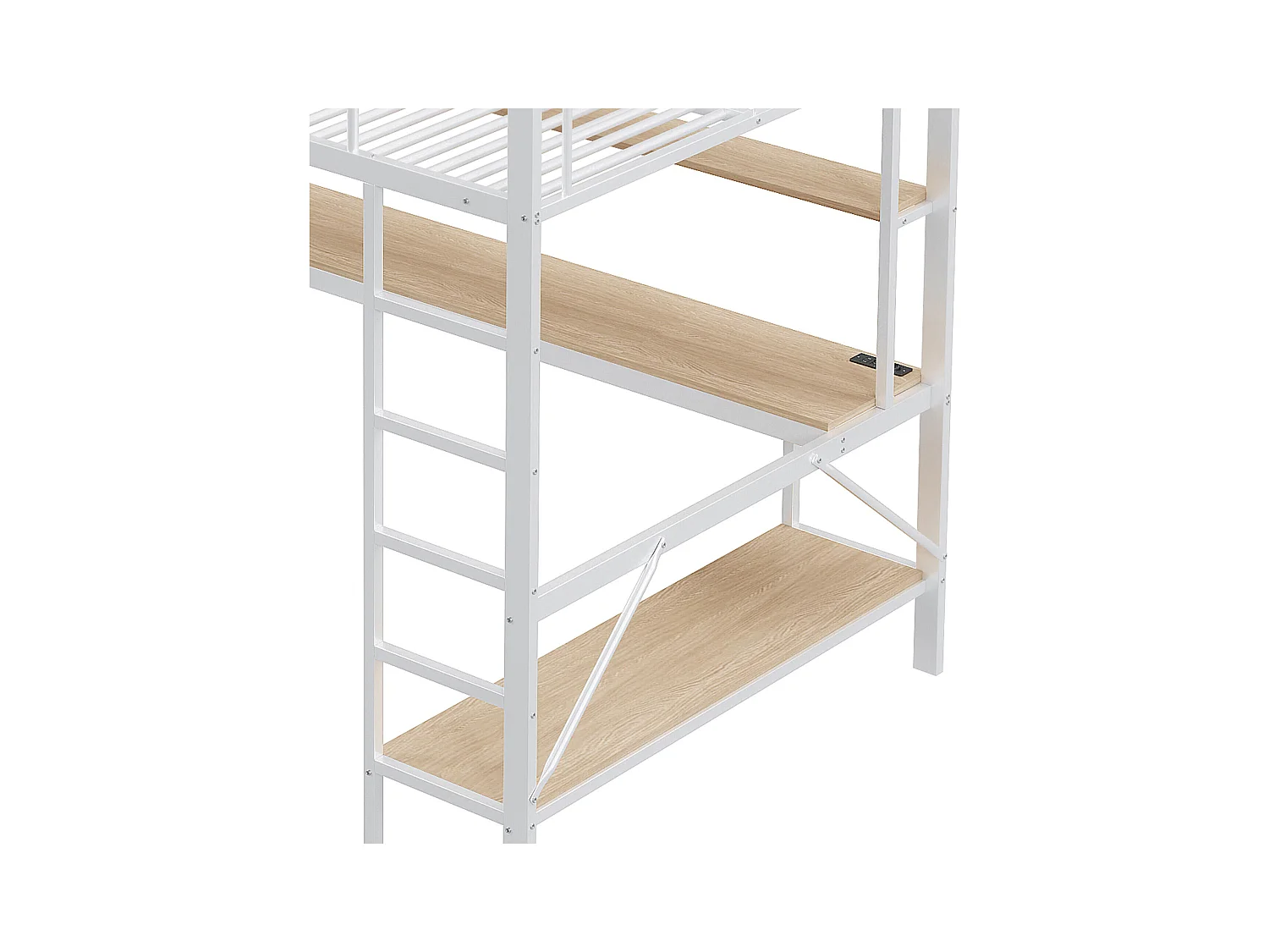 Hochbett 140x200 cm mit USB- und LED-Beleuchtung, Regalen und Schreibtisch, weiß - ohne Matratze