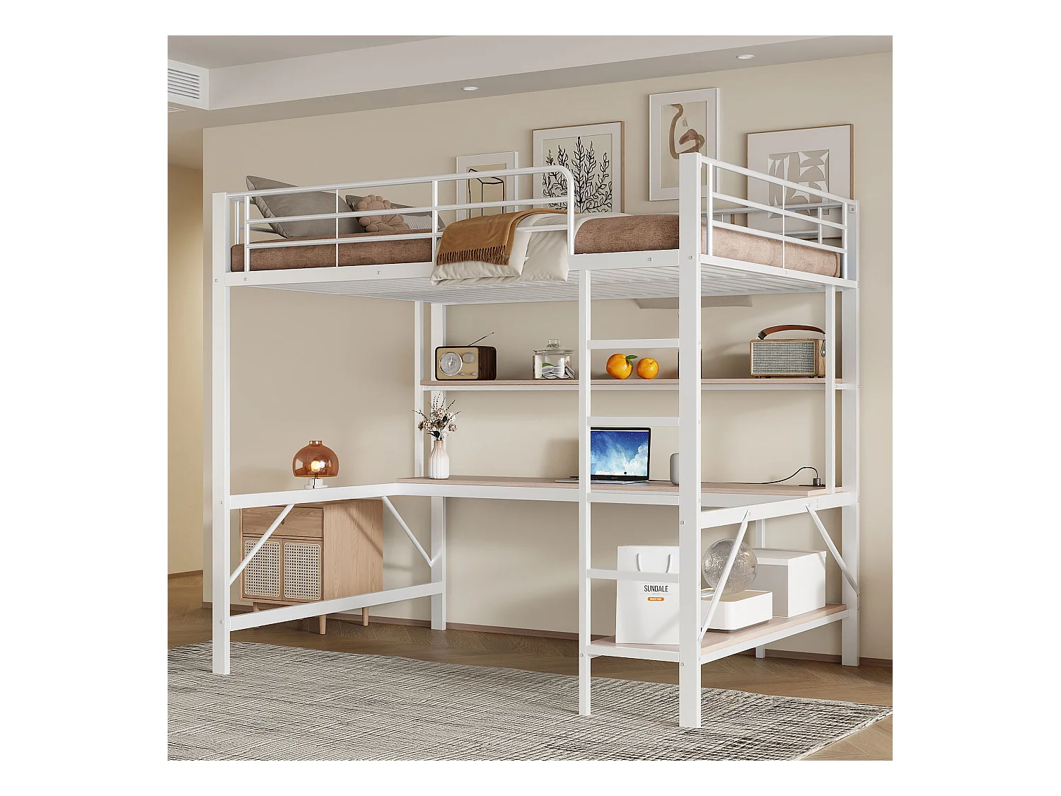 Hochbett 140x200 cm mit USB- und LED-Beleuchtung, Regalen und Schreibtisch, weiß - ohne Matratze