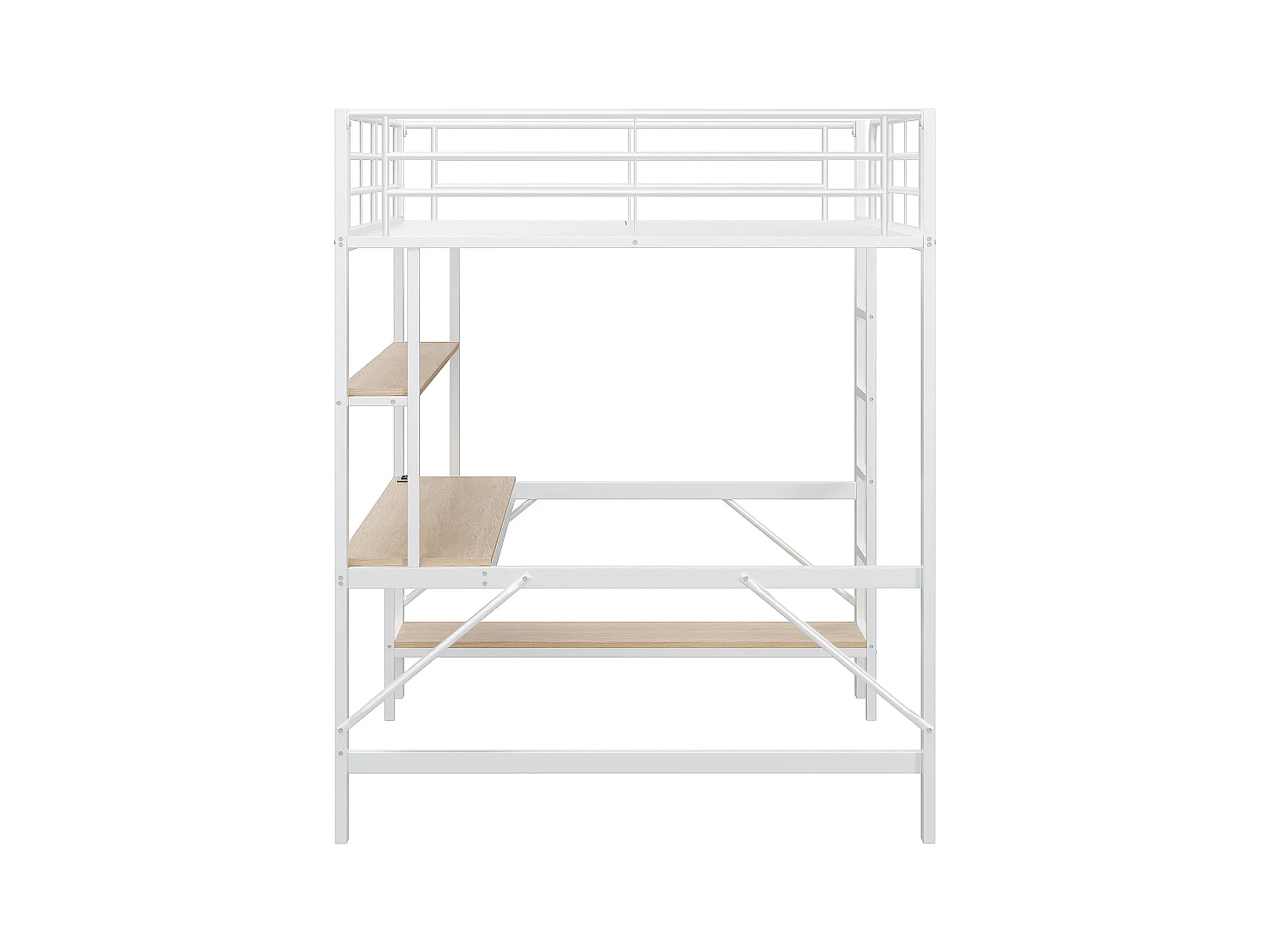 Hochbett 140x200 cm mit USB- und LED-Beleuchtung, Regalen und Schreibtisch, weiß - ohne Matratze
