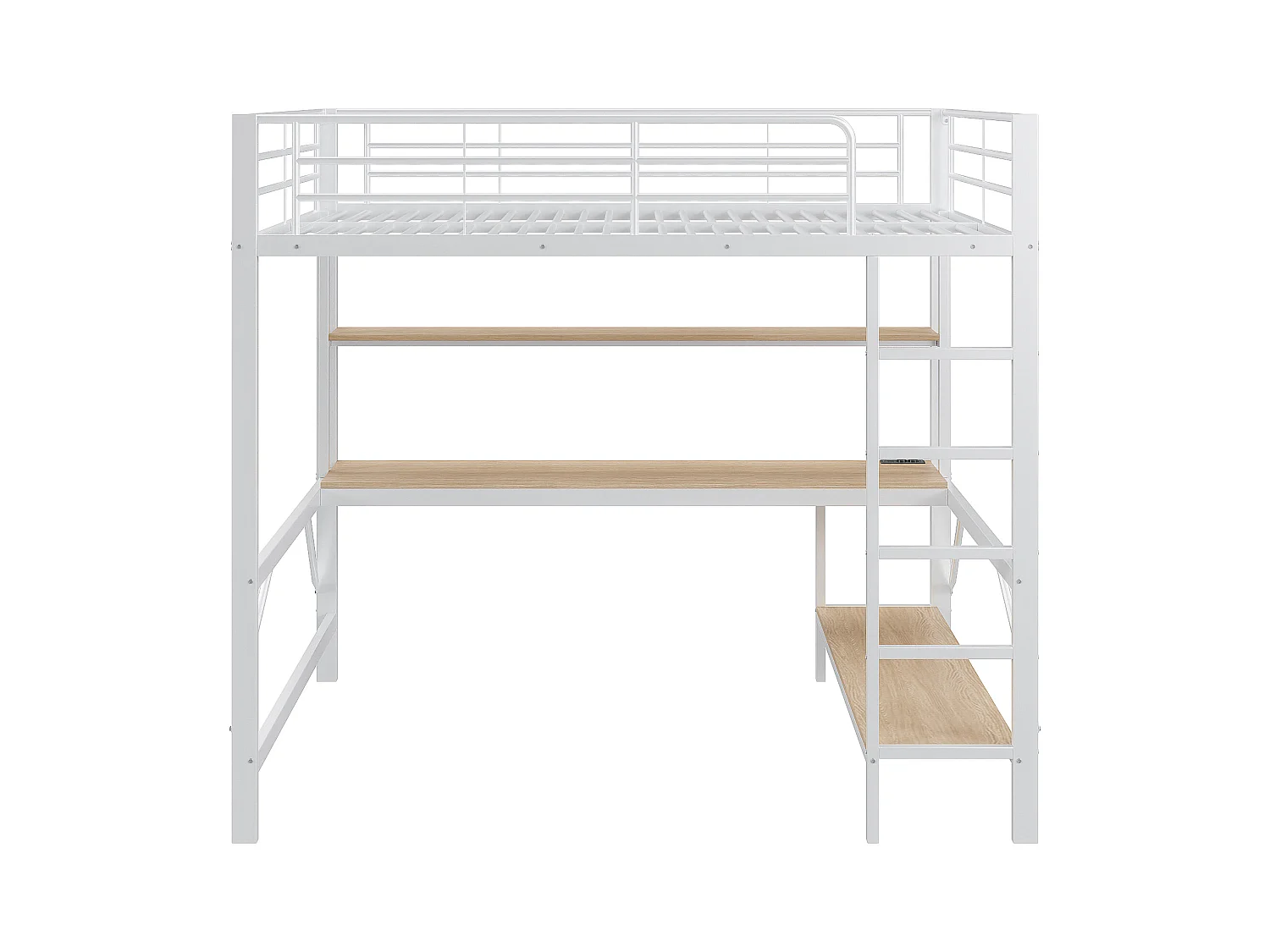 Hochbett 140x200 cm mit USB- und LED-Beleuchtung, Regalen und Schreibtisch, weiß - ohne Matratze