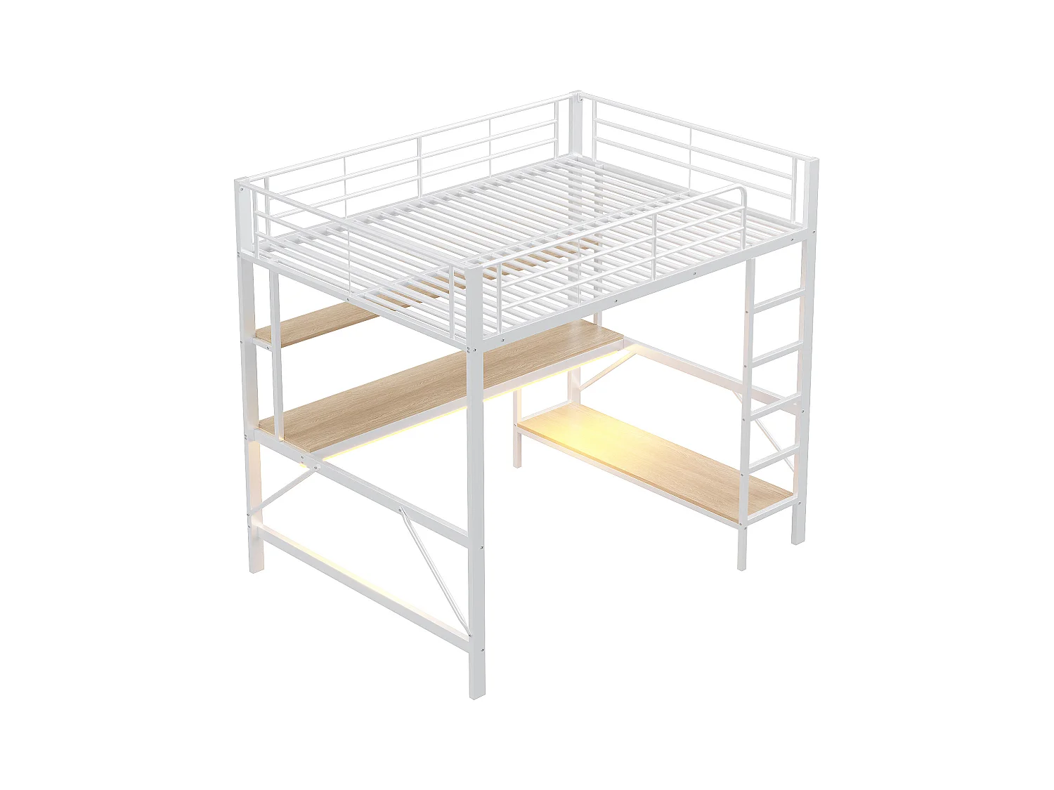 Hochbett 140x200 cm mit USB- und LED-Beleuchtung, Regalen und Schreibtisch, weiß - ohne Matratze
