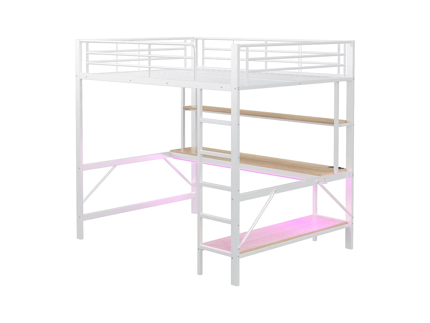 Hochbett 140x200 cm mit USB- und LED-Beleuchtung, Regalen und Schreibtisch, weiß - ohne Matratze