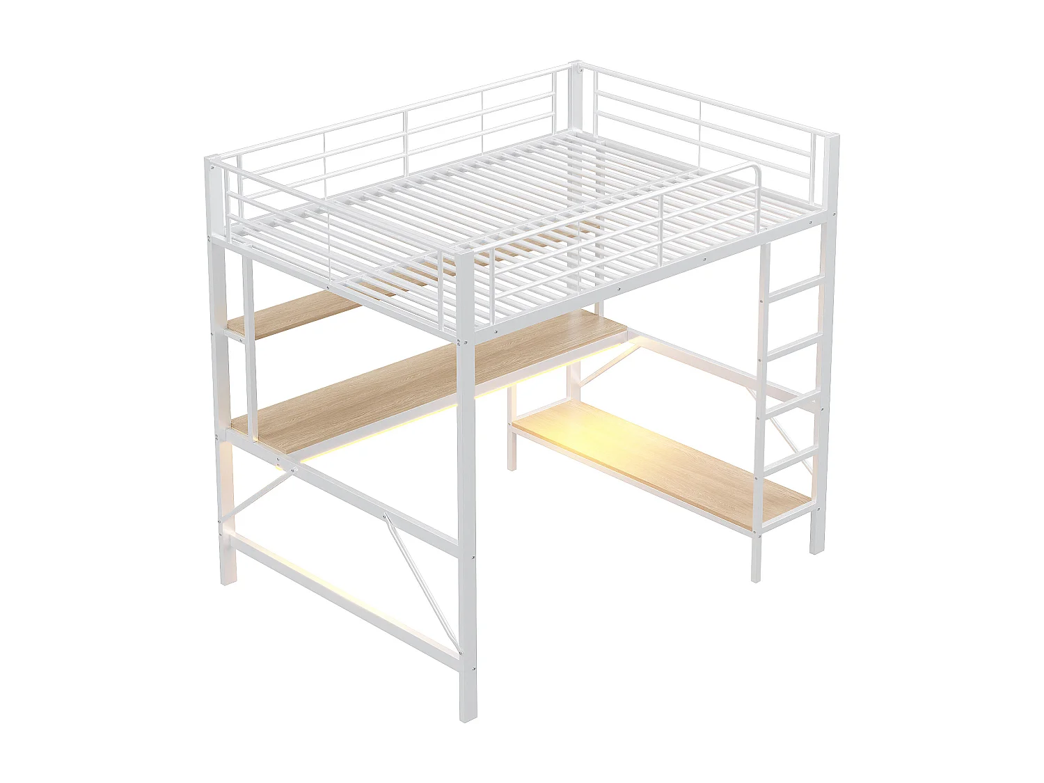 Hochbett 140x200 cm mit USB- und LED-Beleuchtung, Regalen und Schreibtisch, weiß - ohne Matratze