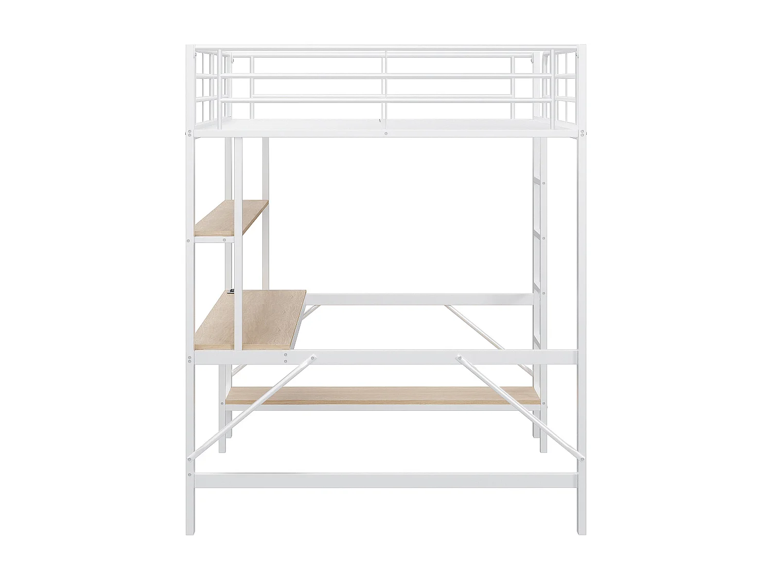 Hochbett 140x200 cm mit USB- und LED-Beleuchtung, Regalen und Schreibtisch, weiß - ohne Matratze