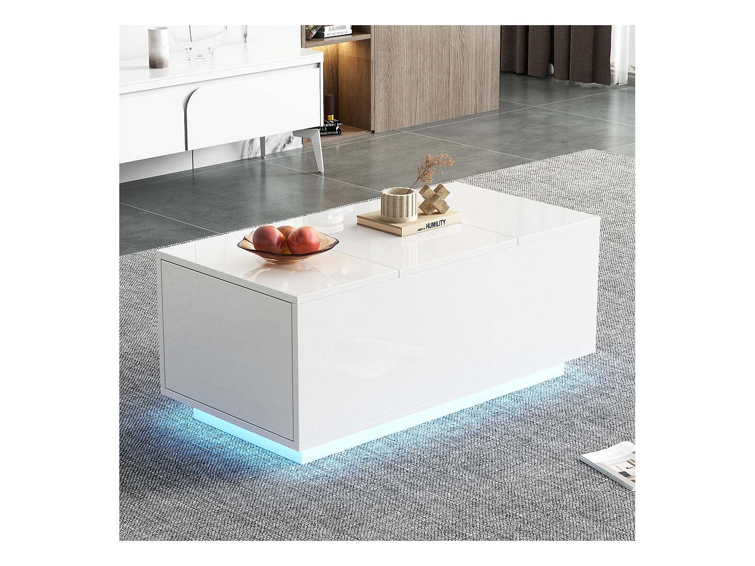 Table basse relevable Table basse blanc avec éclairage LED et 2 tiroirs de rangement