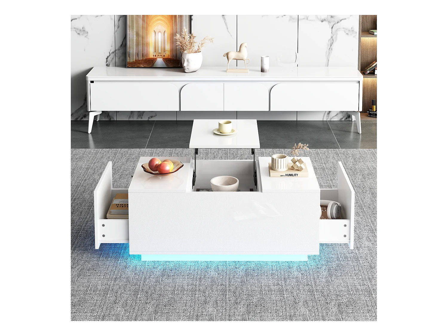 Table basse blanche avec plateau réglable en hauteur et 2 tiroirs de rangement, éclairage LED