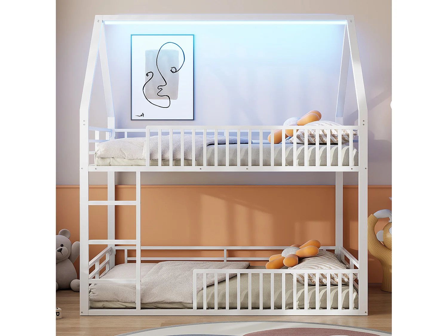 Etagenbett für Kinder 140x200 cm mit Sicherheitsgeländern und LED-Beleuchtung, weiß - ohne Matratze