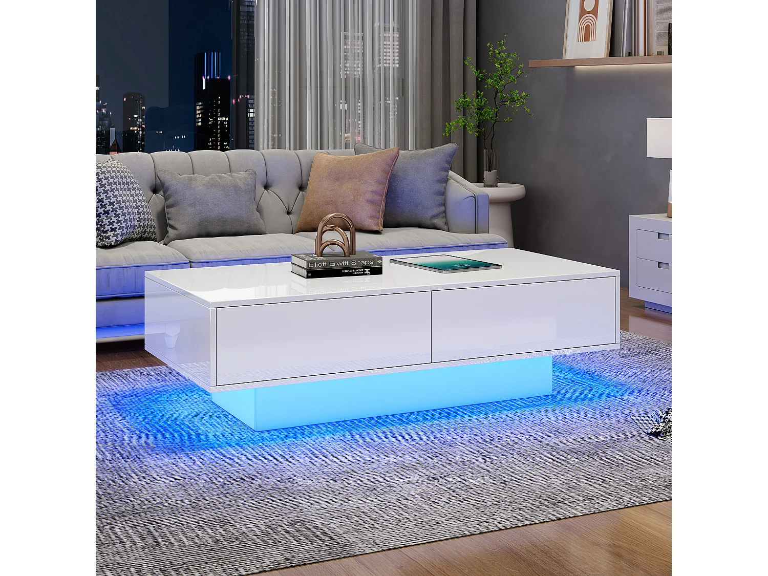 Table basse brillante blanche avec 2 tiroirs de rangement et éclairage LED – pour salon