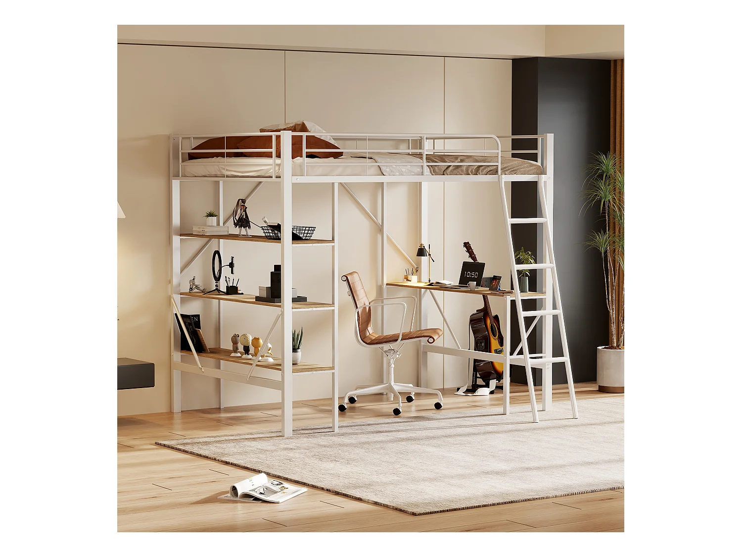 Lit mezzanine 90x200 cm avec bureau et 3 étagères de rangement, blanc - sans matelas