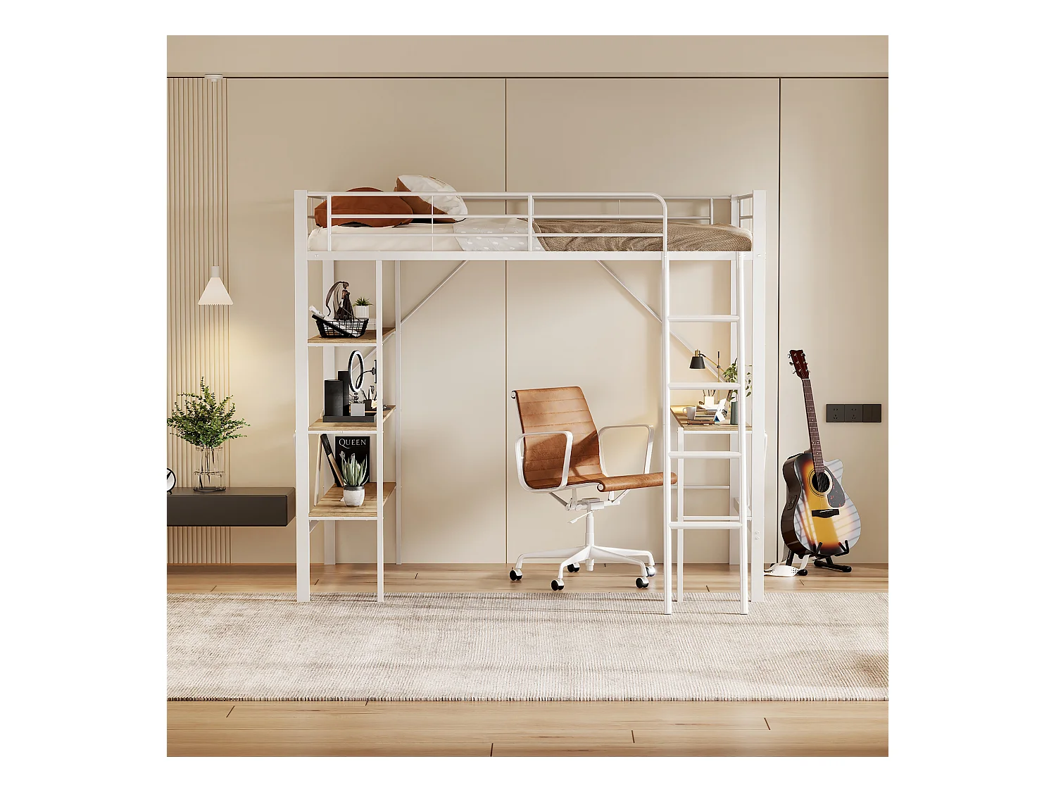 Lit mezzanine 90x200 cm avec bureau et 3 étagères de rangement, blanc - sans matelas