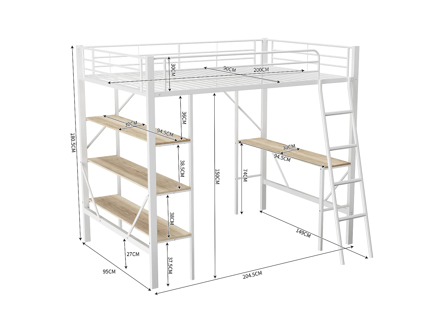 Lit mezzanine 90x200 cm avec bureau et 3 étagères de rangement, blanc - sans matelas