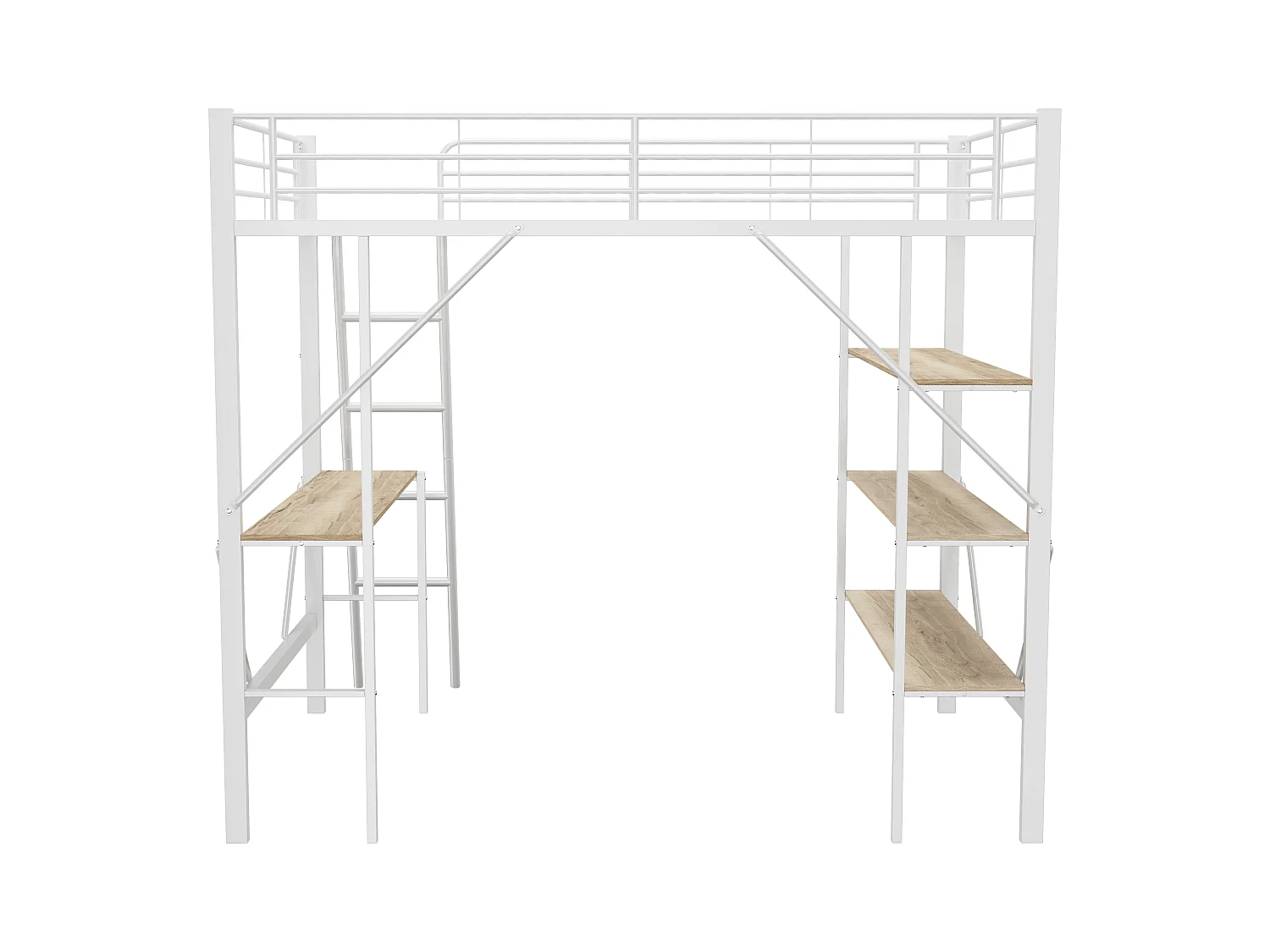Lit mezzanine 90x200 cm avec bureau et 3 étagères de rangement, blanc - sans matelas