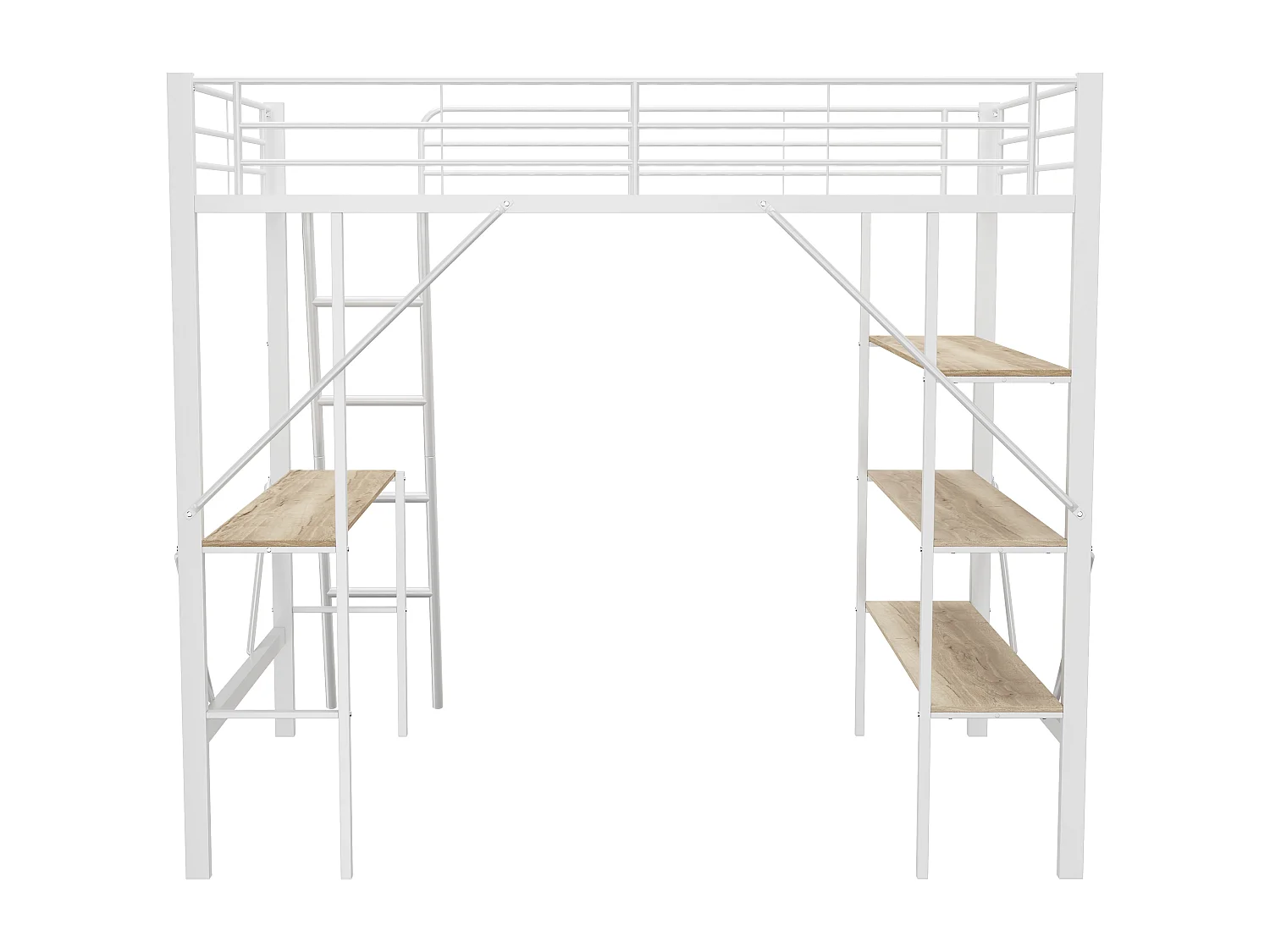 Hochbett 90 x 200 cm mit Schreibtisch und 3 Ablagefächern, weiß – ohne Matratze