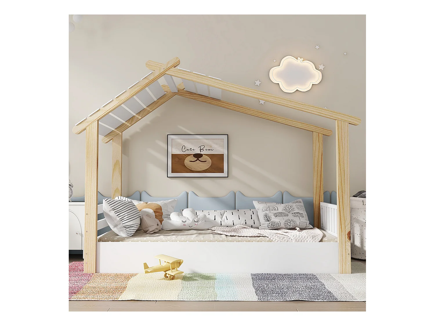 Kinderbed 90x190 cm met houten lattenbodem, wit en naturel - zonder matras