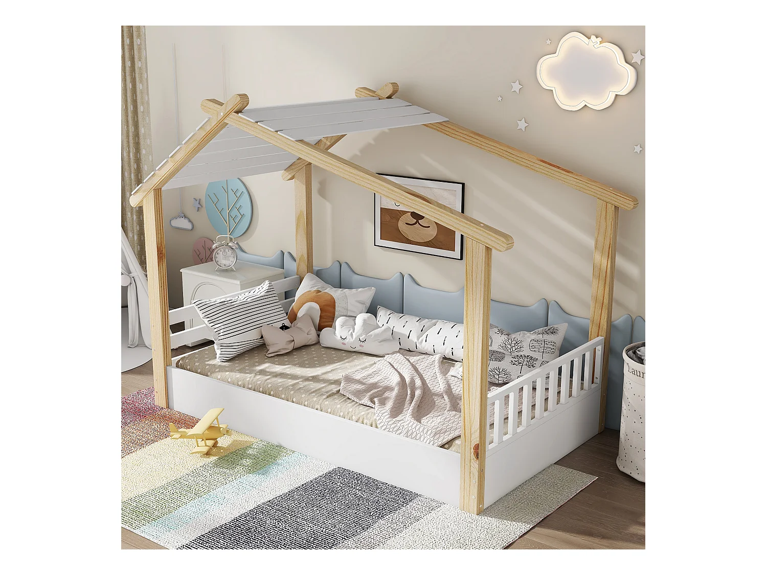 Kinderbed 90x190 cm met houten lattenbodem, wit en naturel - zonder matras
