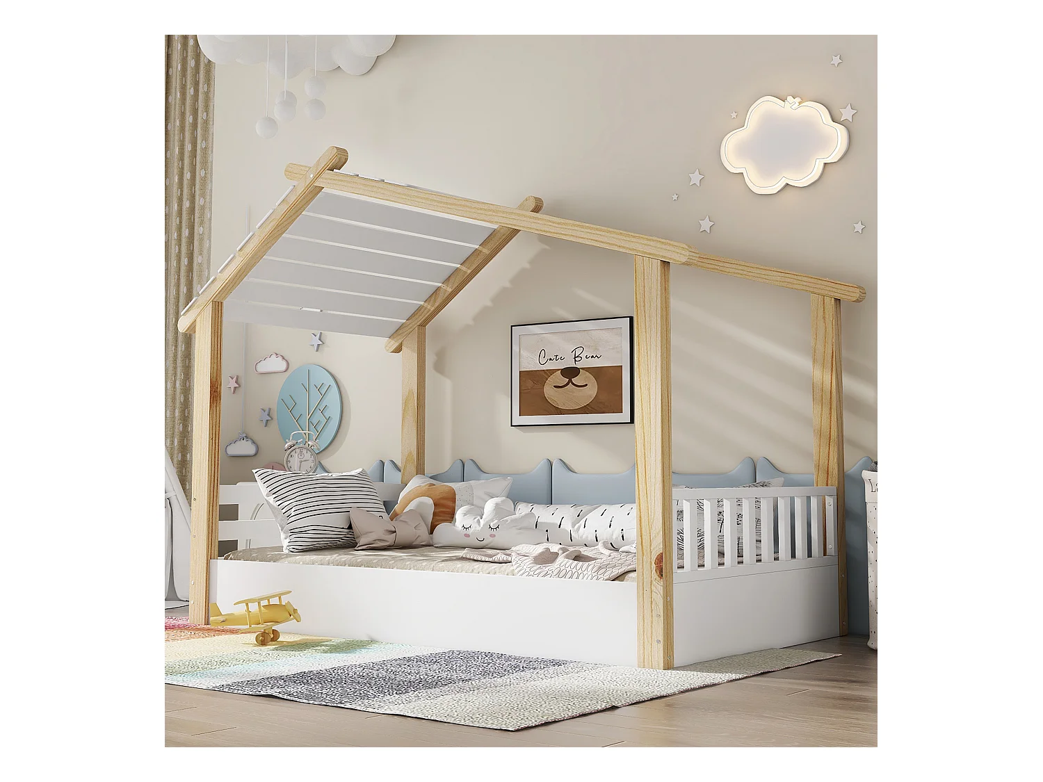 Lit cabane enfant 90x190 cm avec sommier à lattes en bois, blanc et naturel - sans matelas