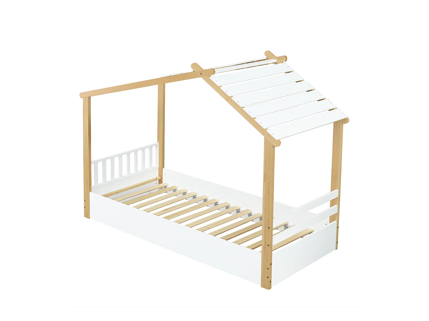 Lit cabane enfant 90x190 cm avec sommier à lattes en bois, blanc et naturel - sans matelas
