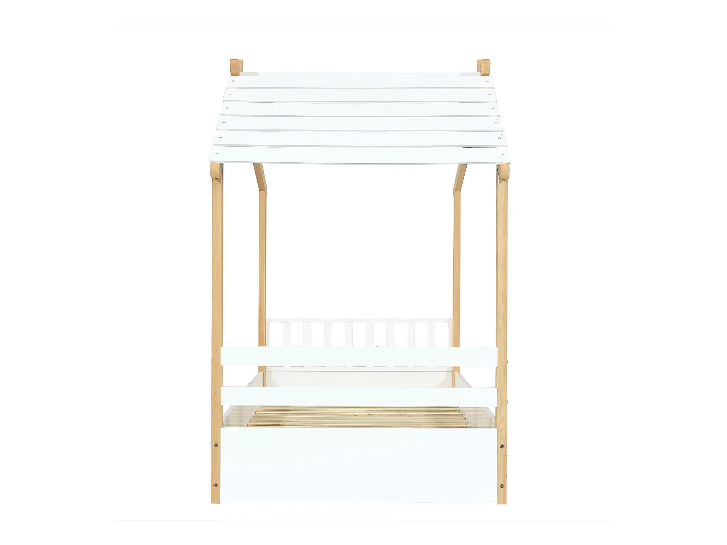Lit cabane enfant 90x190 cm avec sommier à lattes en bois, blanc et naturel - sans matelas