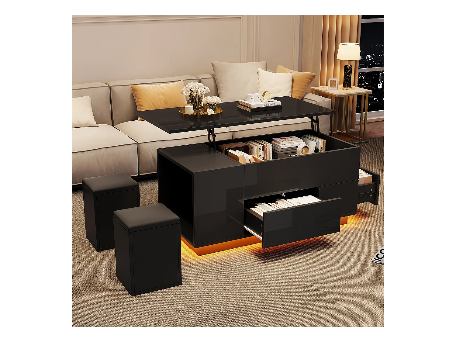 Table basse LED avec plateau réglable en hauteur, 2 tiroirs, 2 tabourets - Noir