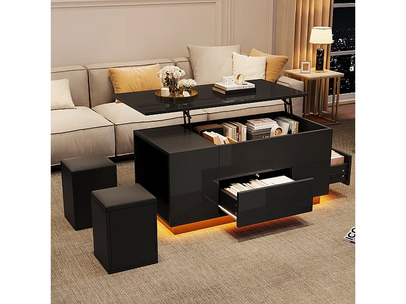 Table basse relevable Table basse LED avec 2 tiroirs et 2 tabourets - Noir