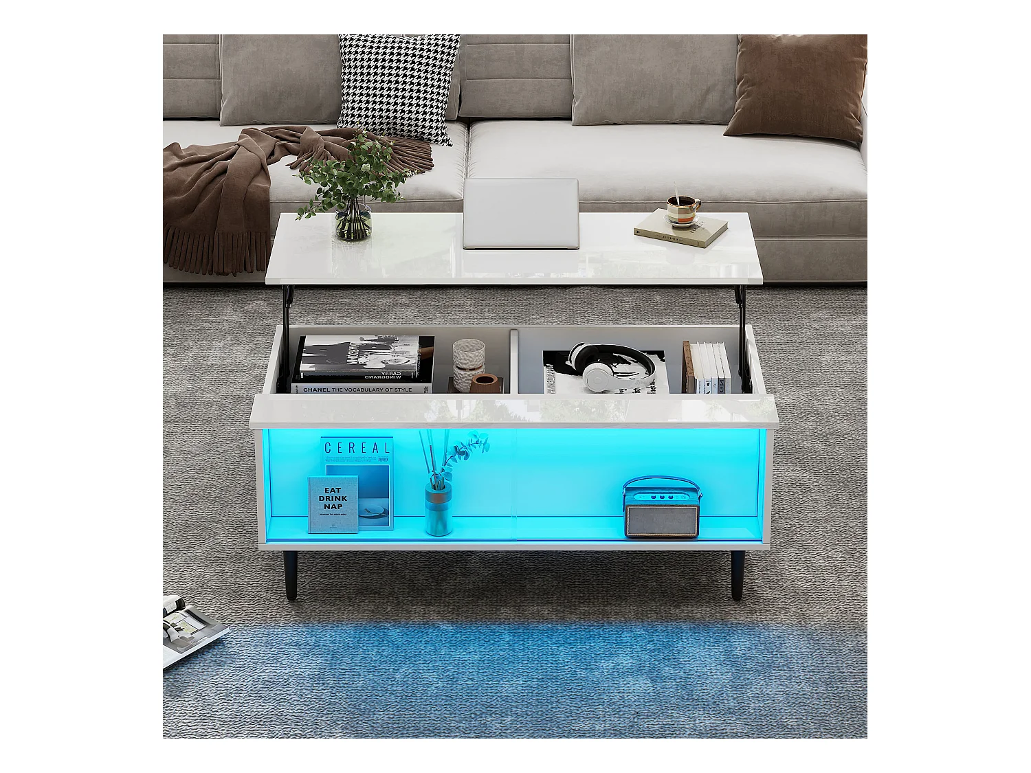 Table basse blanche avec plateau réglable en hauteur et rangement, éclairage LED - 4 pieds noirs