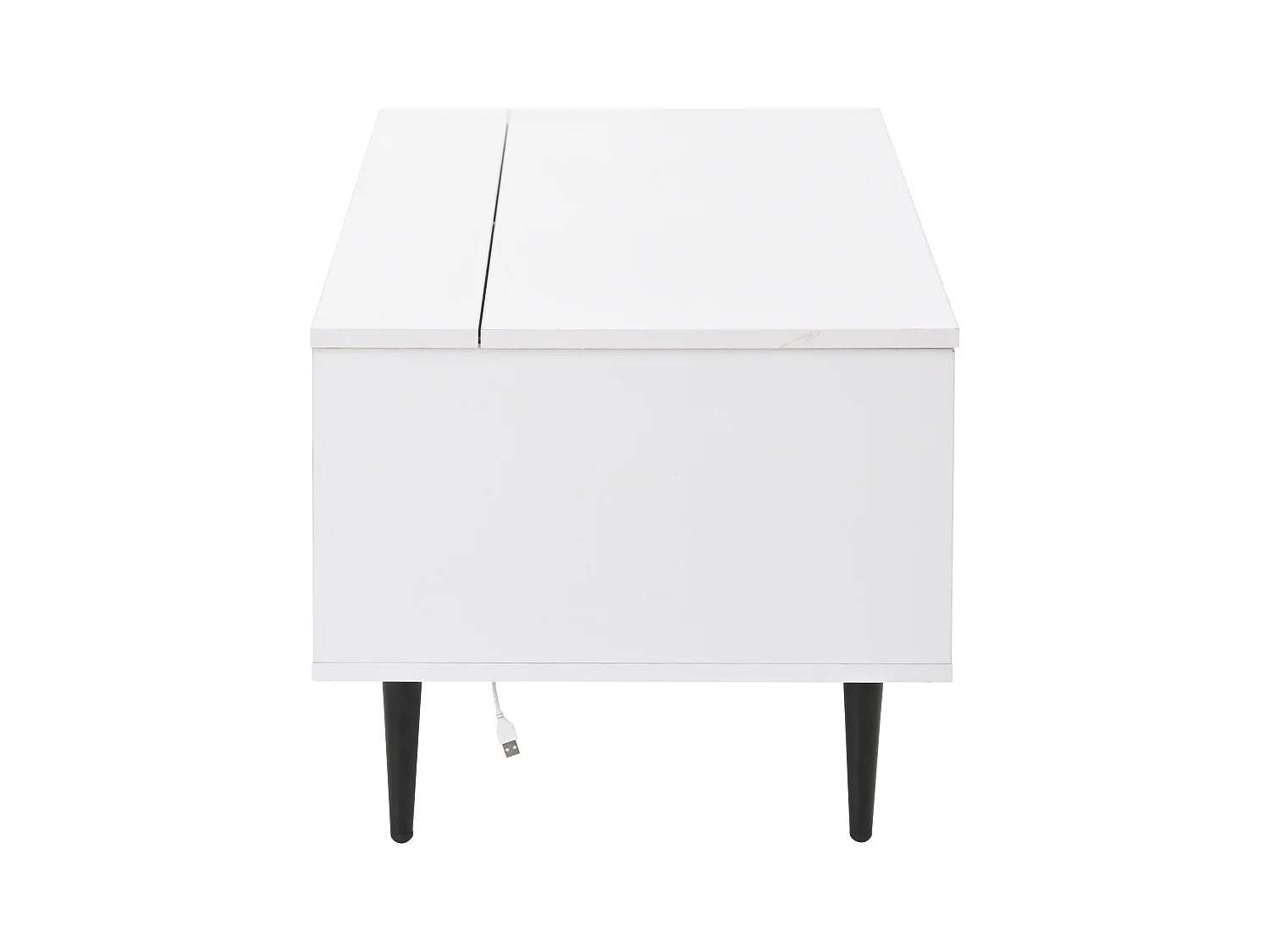 Table basse blanche avec plateau réglable en hauteur et rangement, éclairage LED - 4 pieds noirs